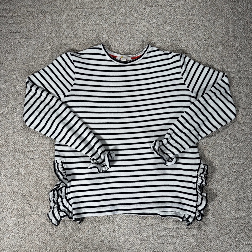 Boden Navy & White Striped Ruffle Side Split Hem Long Sleeve Top | Crew Neck